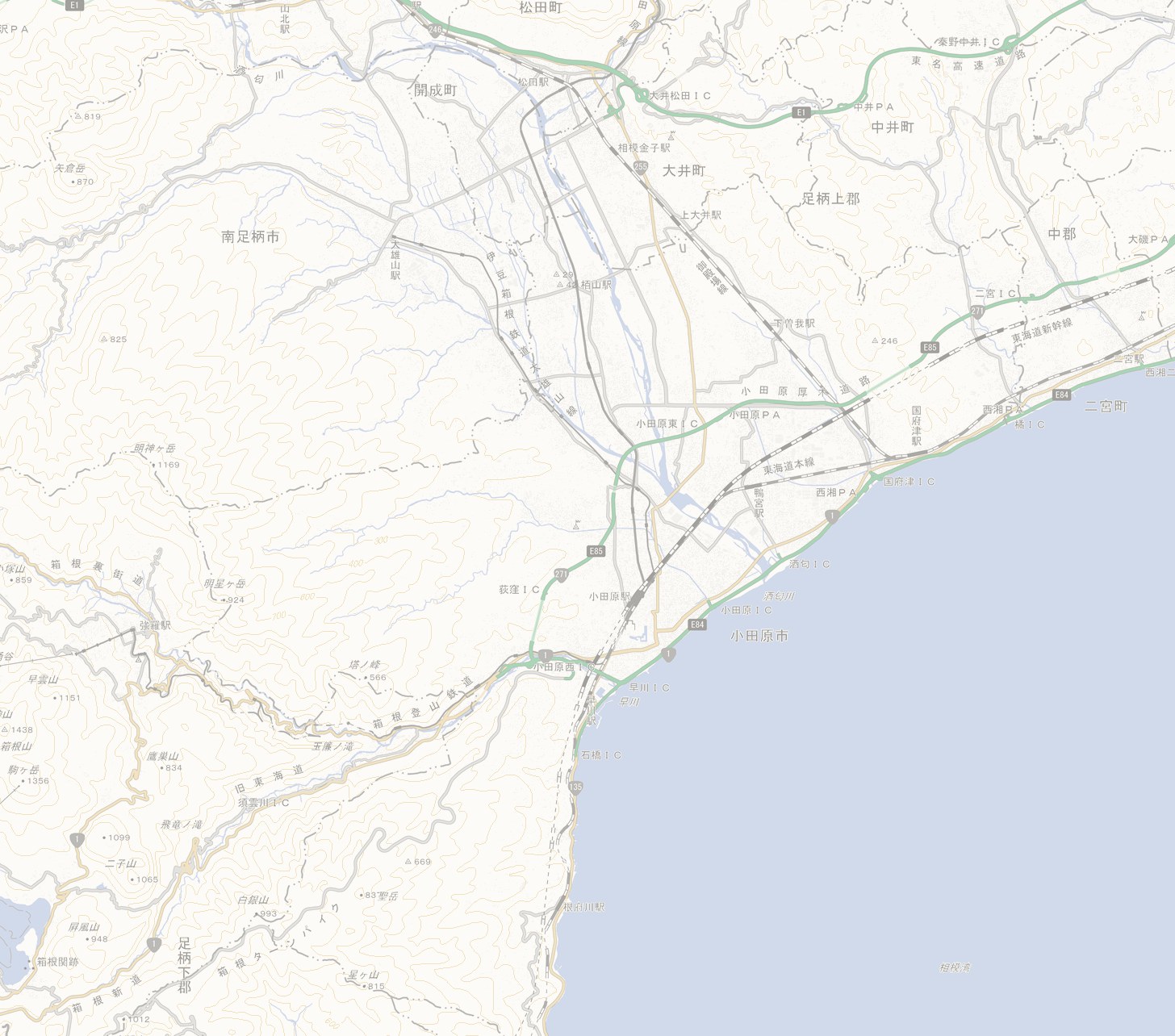 西湘・小田原の実際の地図。小田原城、早川の港、曽我の梅林、酒匂川の田園、箱根の山、相模湾